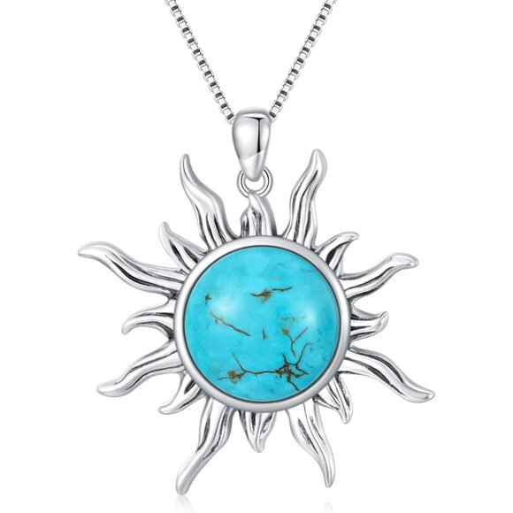 Jewelry - Turquoise Sun Pendant Necklace, Sterling Silver, 18in Chain, Gift for Women